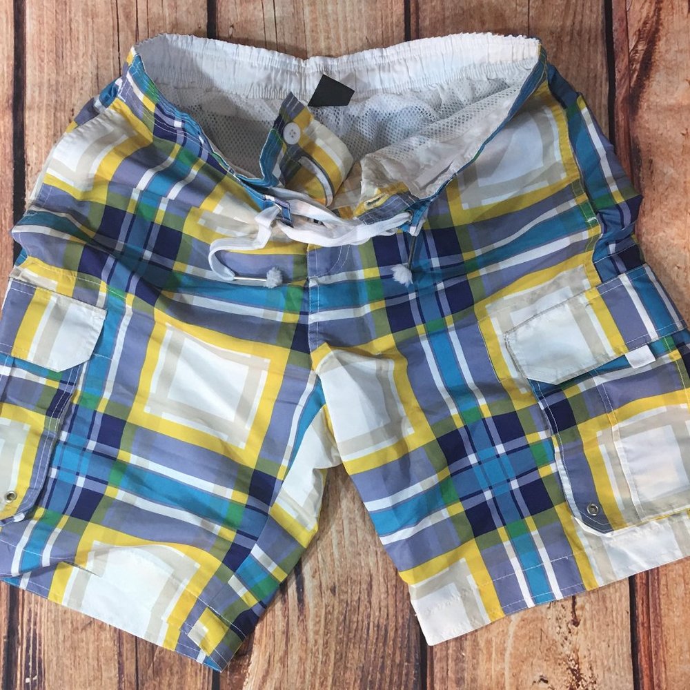 MEN'S PLAID STYLE CARGO BOARD SHORTS/SWIM TRUNKS L